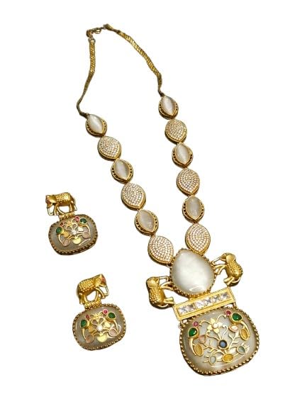 indiancraftsbykanika gold polish ad stone elephant design necklace set with matching earrings for women, color : grey