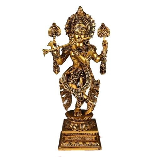 Brass Fully Carved Krishan Statue Playing Flute showpiece, Idol Home décor, Home/Office Temple