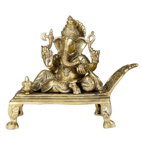 Brass Ganesh Sitting on a Royal Couch, 4 Armed Ganesh Sitting Idol for Home/Office