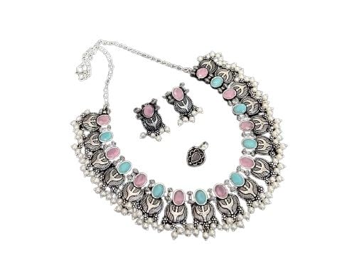 indiancraftsbykanika oxidised stone necklace with pearl and matching earrings and nose pin for women, color : blue and pink