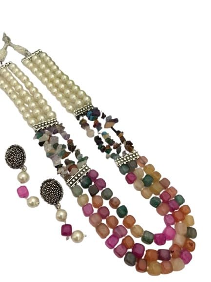 indiancraftsbykanika pearl with stone 3 layered necklace set with matching earrings, multicolor