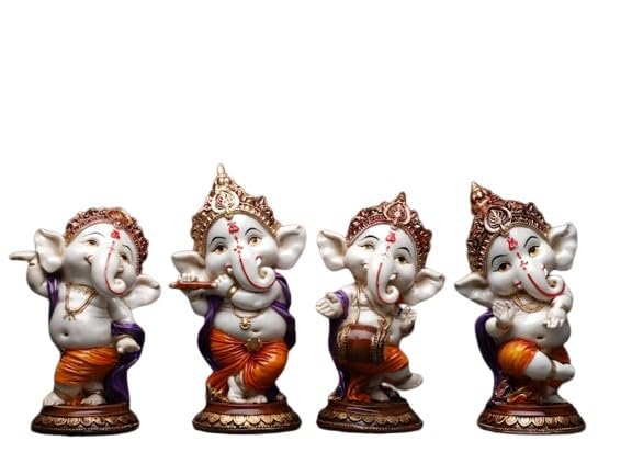 Resin Colorful Dancing Set of 4 Ganesha Statue/showpiece/Home décor/Gift Item, Color - Orange and Purple