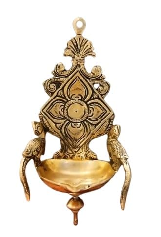 indiancraftsbykanika Presents Brass Designer Diya 1 Pieces with 2 Parrots Home décor/Gift Item/Wall Hanging, Golden