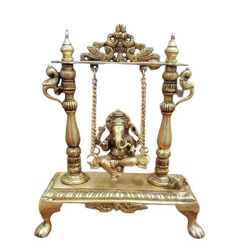 indiancraftsbykanika Brass Ganesh Swing/jhula showpiece/Statue Idol for Home décor/Gift Item/Temple, Golden, 030124j