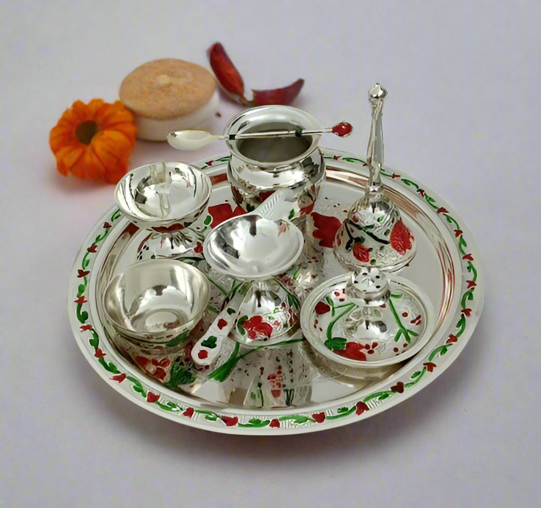 Silver Plated Flower Nakshi Meena Embossed Pooja Thali Set - 8 pieces set