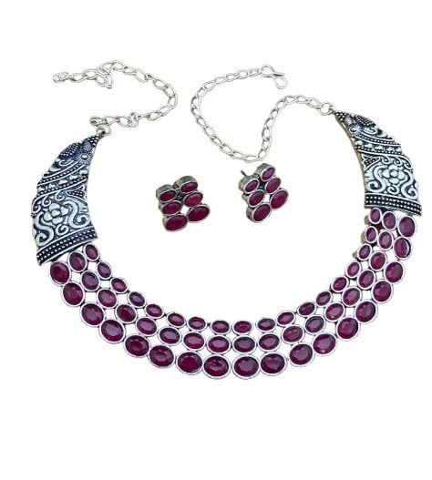 indiancraftsbykanika oxidized pink color choker necklace with matching earrings for women