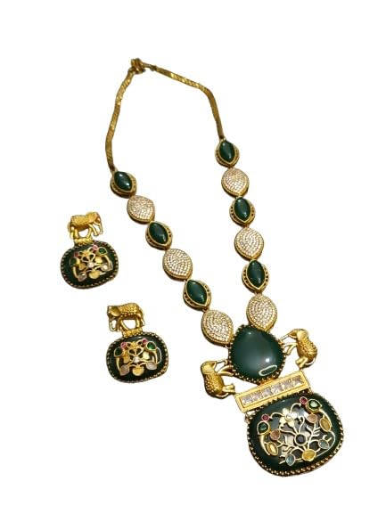indiancraftsbykanika gold polish ad stone elephant design necklace set with matching earrings for women, color : green