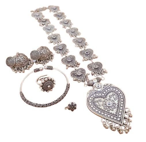 indiancraftsbykanika oxidized heart shape necklace combo set with matching earrings, adjustable ring, bracelet, nose ring, 5 pieces set
