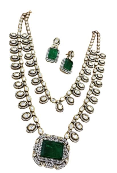 indiancraftsbykanika presents two layered jadau kundan green color stone long necklace jewelery set with matching earring, silver