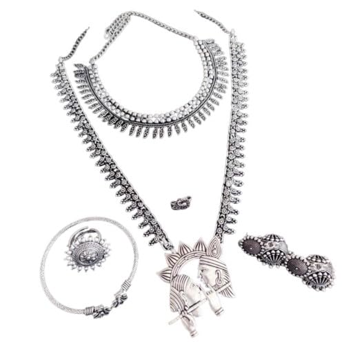 Germán silver combo jewelry necklace set - 2 necklaces with earrings, nose pin, adjustable bracelet and ring, gift for her
