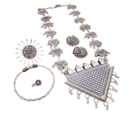indiancraftsbykanika oxidized triangle shape necklace combo set with matching earrings, adjustable ring, bracelet, nose ring, 5 pieces set