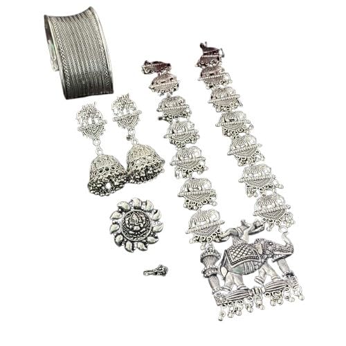 indiancraftsbykanika oxidized elephant 5 pieces necklace set with matching earrings, bracelet, openable ring, nose pin for women