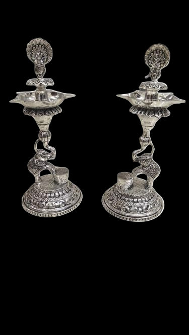 Silver Plated peaccok Diya with Elephants Set for Diwali/Housewarming/Home décor