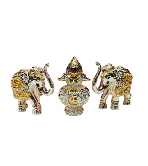 indiancraftsbykanika Gold & Silver Coated 2 Gaja laxmi 1 Kalash (3 Pcs Set) for Home Temple/Home décor/Gift Item