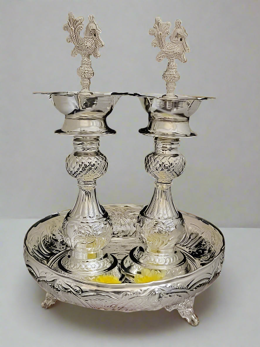 German Silver Combo Peacock Diya Set Fully Carved with Tray/Plate/urli with Legs