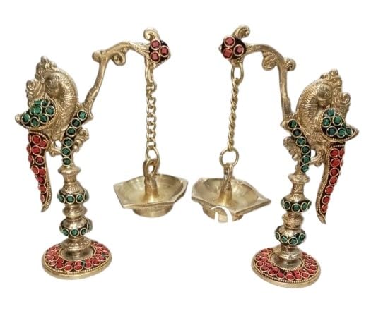Set of 2 Brass with Stone Work Parrot Diya Set for Festival/ House Warming Party/ Wedding