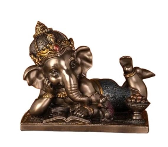 Metallic Fiber/Cold cast Resin Bronze Finish Reading Book Ganesh Statue with Rat