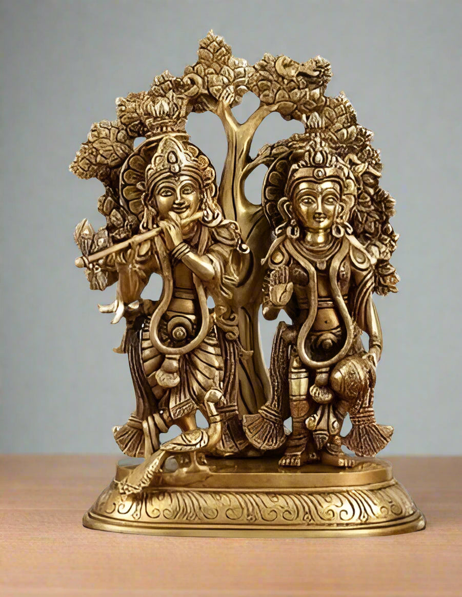 Brass Radha Krishna Idol with Kalpavriksha Tree Statue showpiece Big Size, 14"