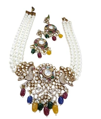 indiancraftsbykanika presents 3 layered pearl mala with multicolor stone dual peacock long necklace set with matching earrings
