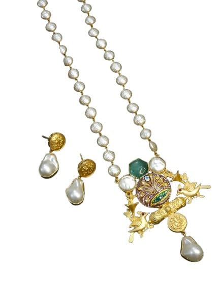 indiancraftsbykanika gold color mother of pearl bird design pendant necklace set with matching earrings, green stone