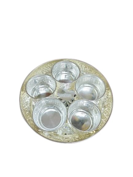 indiancraftsbykanika German Silver Nakashi Tray With Bowl Set For Diwali/Housewarming Pooja/Gift Item/Snacks, set of 6 pieces