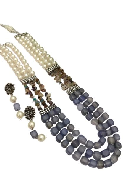 indiancraftsbykanika pearl with blue stone 3 layered necklace set with matching earrings