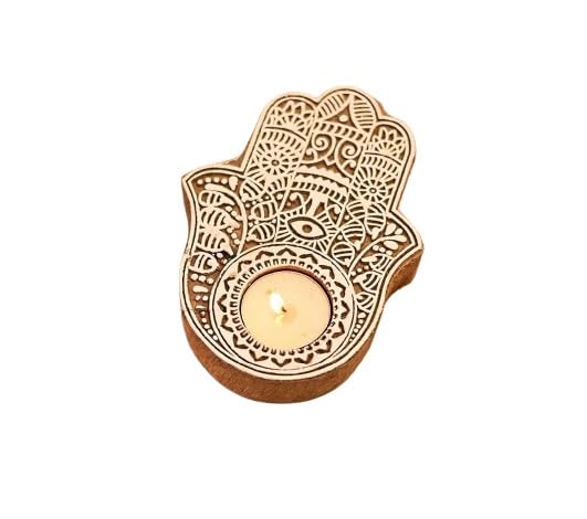 Hand Shape Wooden Tea Light Holder Set of 10 Pieces with 50 Wax Tea Lights for Home Decor on The Occasion of Festival/New Year/Wedding/House Warming Party