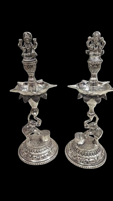 Silver Plated Lakshmi Ganesh Diya with Elephants Set for Diwali/Housewarming/Home décor