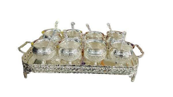 indiancraftsbykanika big size German silver tray with bowls and spoon set for dessert/snacks/ice-cream/gift item