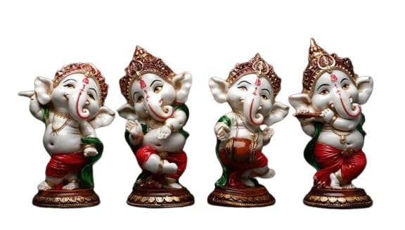 Resin Colorful Dancing Ganesh Set of 4 Home Decor/showpiece, Color : red and Green