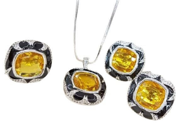 set of 4 pieces yellow color square shape pendant necklace set with matching earrings and adjustable ring.
