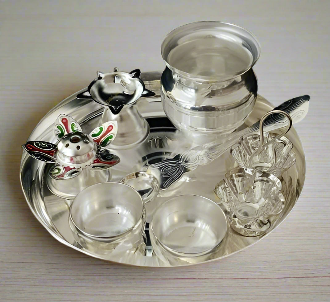 Silver Plated Pooja Thali Set of 8 Pieces