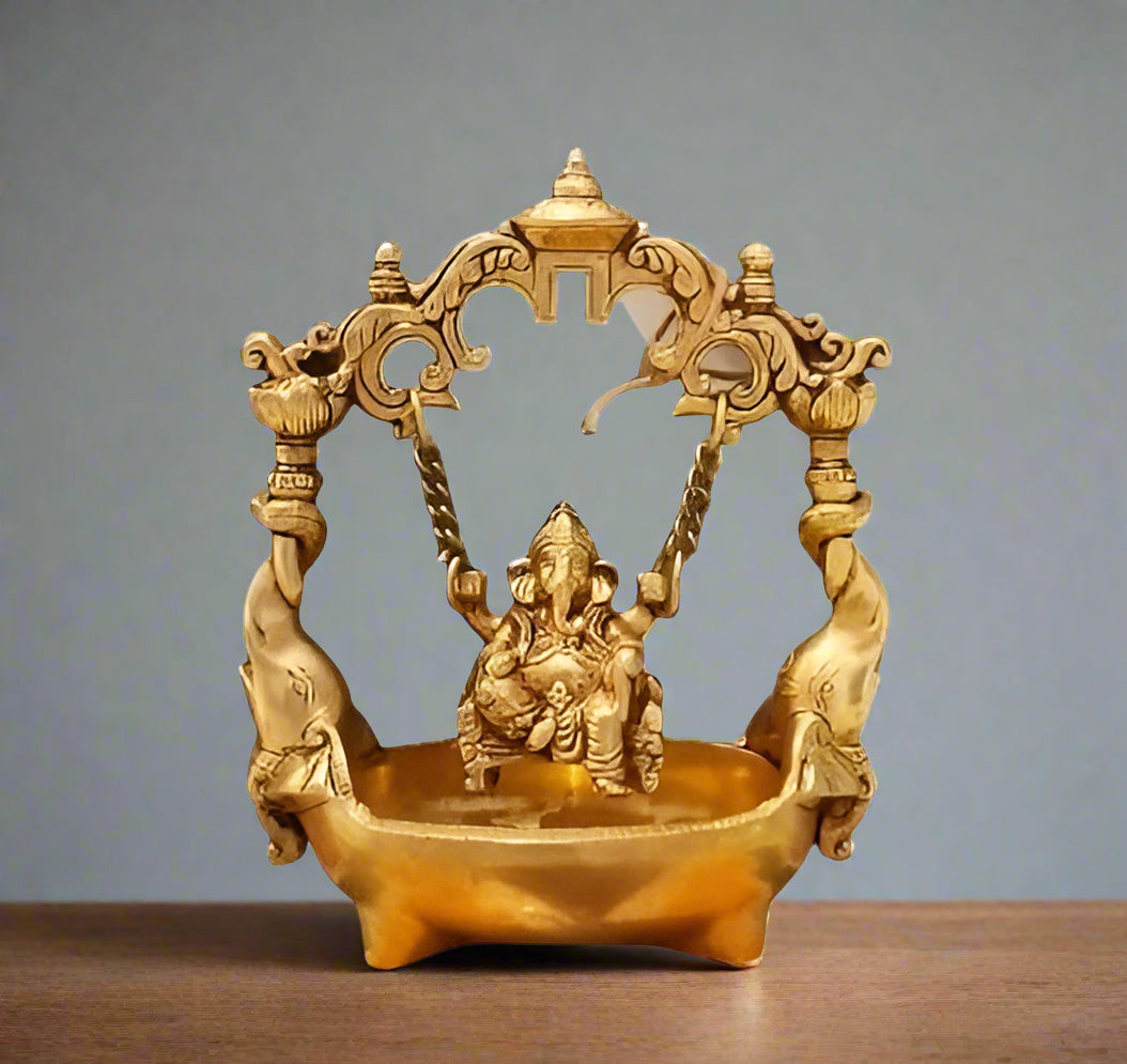 Brass Ganesh on a jhula/Swing urli with Elephants for Temple/Home décor/Gift Item
