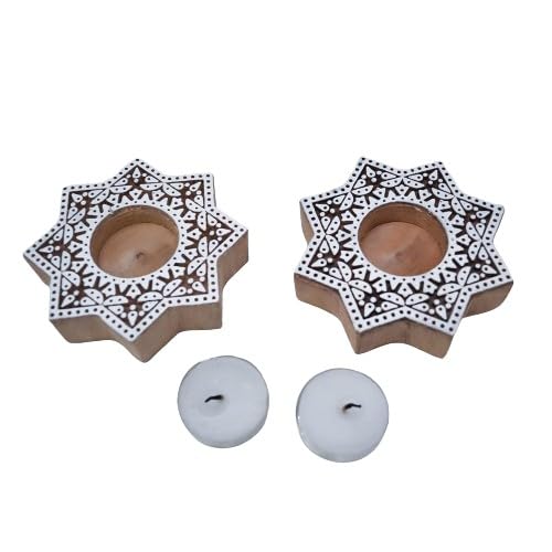 Star Shape Wooden Tea Light Holder Set of 10 Pieces with 50 Wax Tea Lights for Home Decor on The Occasion of Wedding/Festivals/New Year/House Warming Party