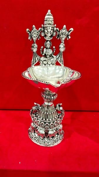 Silver Plated Antique Finish Balaji with Lakshmi shanku Chakra Fully Carved Diya Pair Set for Diwali/ Housewarming