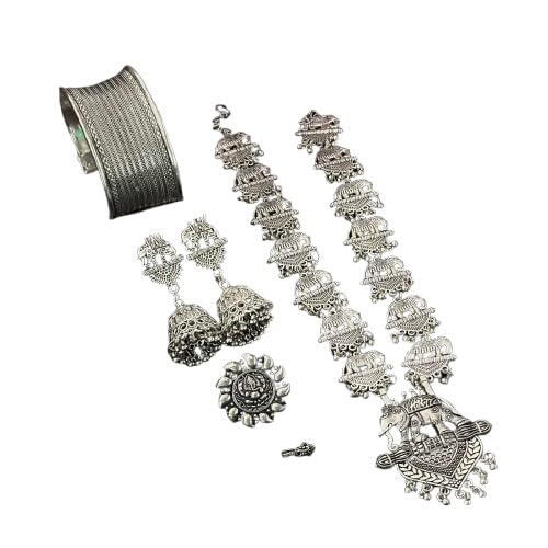 indiancraftsbykanika oxidized elephant 5 pieces necklace set with matching earrings, bracelet, openable ring, nose pin for women, 5 pieces