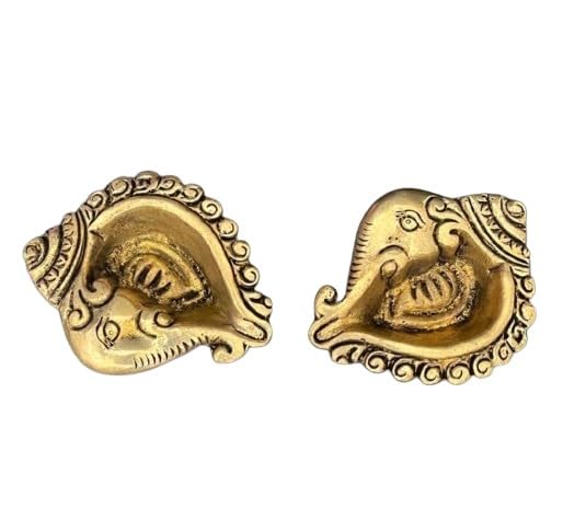 Brass Set of 4 Ganesh Shank Diya for Housewarming Pooja/Diwali Festival/Home Decor