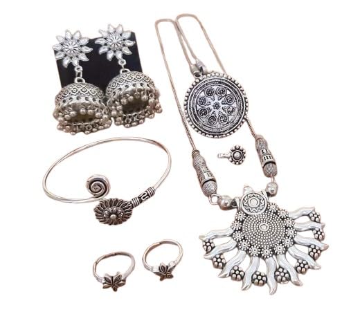 indiancraftsbykanika oxidized sun pendant set with matching earrings, bracelet, adjustable ring, toe ring, nose pin, 8 pieces set