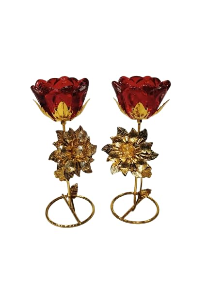 Golden Crystal Work Rose Design Tealight Candle Stand - Set of 2, red for Home décor/Gift Item