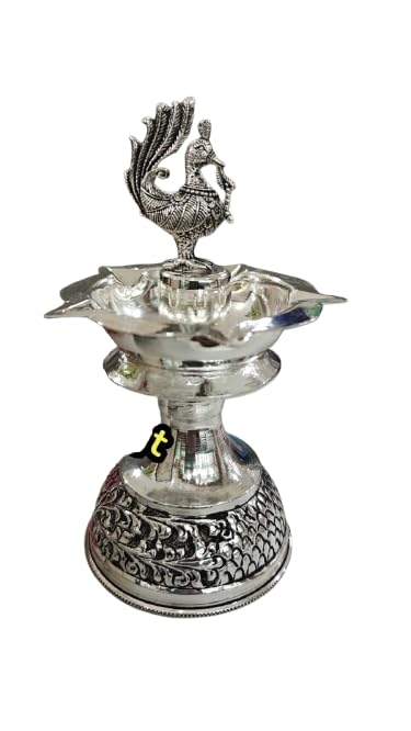 Silver Plated Antique Finish Peacock Diya Pair Set for Diwali/ Housewarming/ Gift Item, Size : 6"