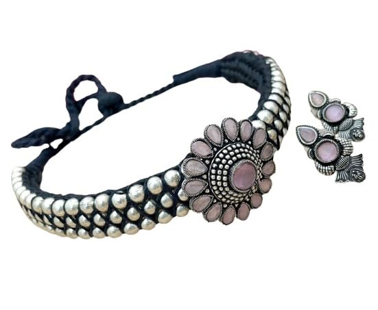 oxidized choker necklace set with matching earrings and pink stones looks good on any woman