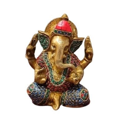 Brass with Multicolor Stone Work Ganesh Statue/Idol/showpiece