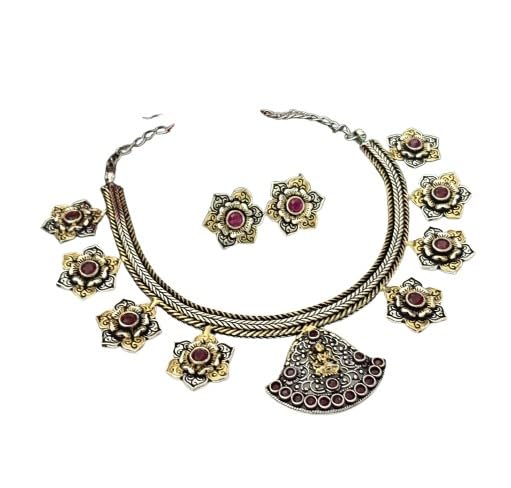 indiancraftsbykanika oxidized red color lakshmiji necklace set with matching earrings