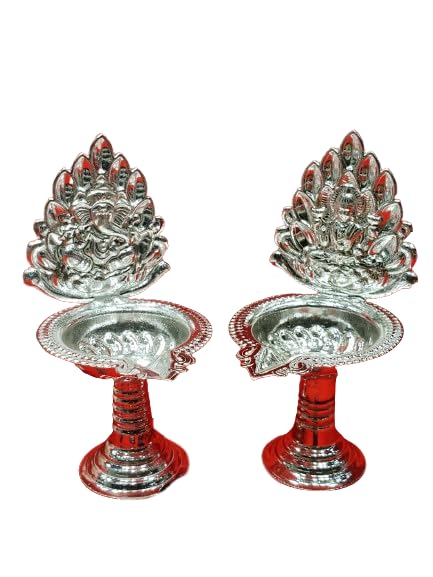 German Silver Lakshmi and Ganesha Diya Set for Diwali/ Housewarming
