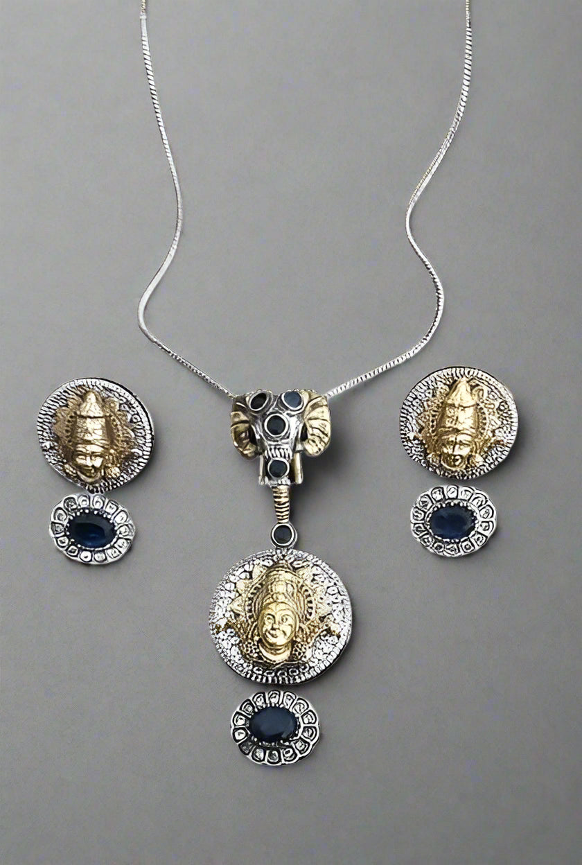 silver Ganesh pendant necklace with lakshmi earrings