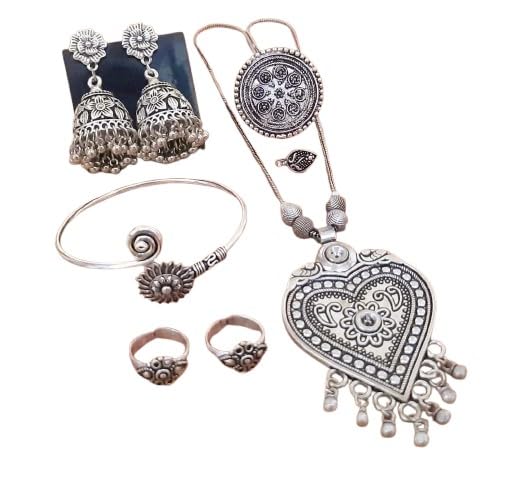 indiancraftsbykanika oxidized heart pendant set with matching earrings, bracelet, adjustable ring, toe ring, nose pin, 8 pieces set