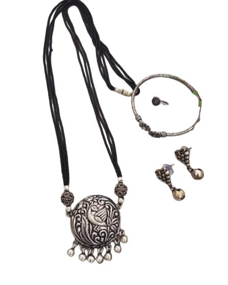 german silver black finish with beaded necklace set with matching earrings, openable bracelet,nose pin
