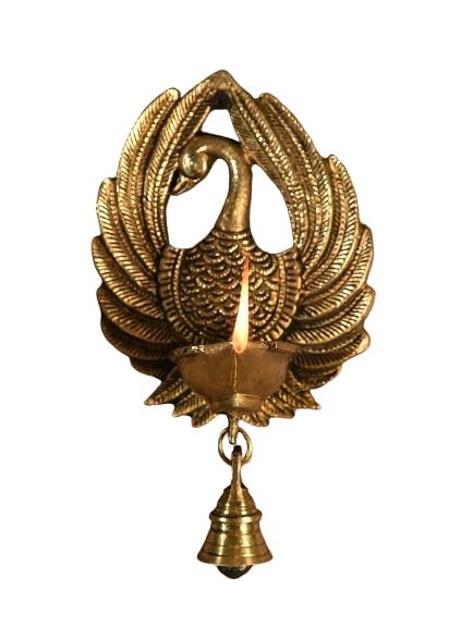 brass peacock wall hanging with diya and bell home decor/ gift item, Golden