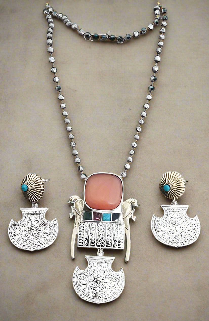 silver parrot design stone pendant necklace jewelry