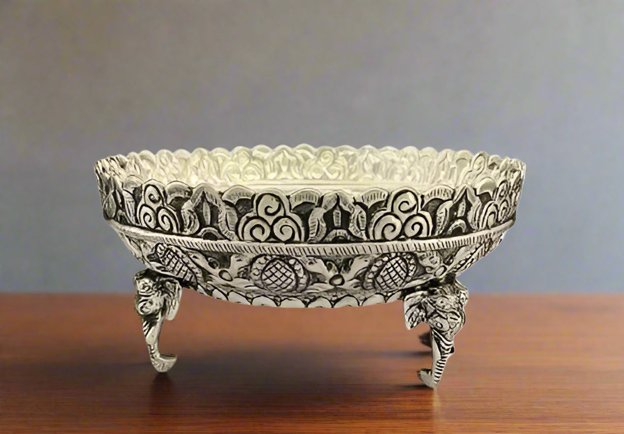 German silver urli bowl fully carved elephant legs for home décor/fruits/snacks
